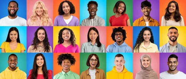 Creative Collage Happy Multiethnic People Different Age Posing Colorful Backgrounds — Fotografia de Stock