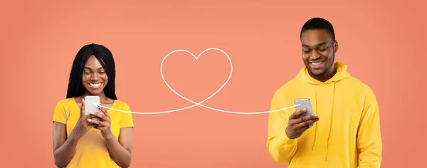 Young black couple sending love messages to each other via smartphones, african american man and woman communicating in dating app, holding cellphones connected with drawn heart shape string, collage