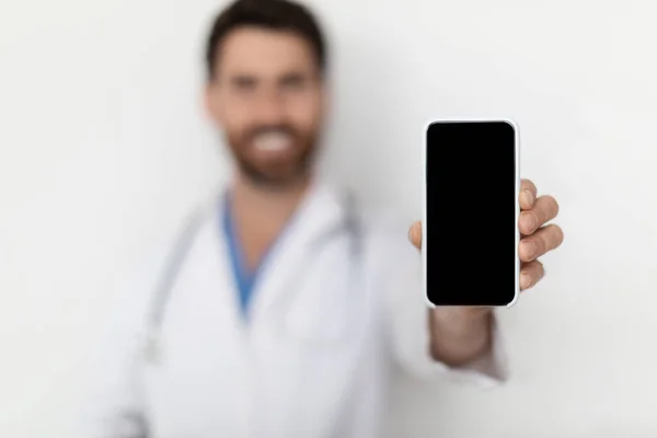 Check Smiling Male Doctor Demonstrating Blank Smartphone Camera Handsome Physician — Stockfoto