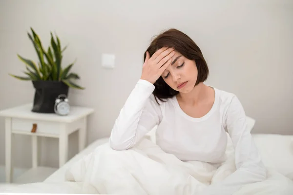 Tired Unhappy Young Beautiful Brunette Woman Waking Headache Morning Sick — Stock Photo, Image