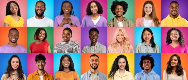 Social Diversity. Portraits Of Diverse Positive Multiethnic People Posing Over Colorful Studio Backgrounds, Creative Collage With Happy Faces Of Multicultural Young Men And Women, Panorama