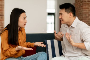 Angry asian spouses having quarrel, sitting on sofa and arguing, looking at each other, side view. Domestic violence and abuse. Couple struggling from marital crisis concept