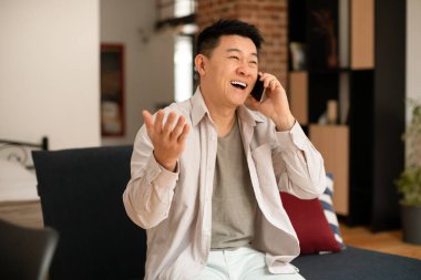 Happy mature asian man talking on cellphone and gesturing, having pleasant conversation while sitting on sofa at home. Korean male communicating by mobile phone. People and gadgets, communication