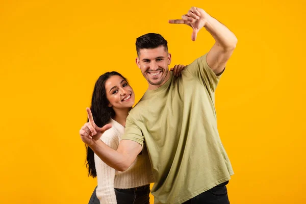 Happy Millennial Arabic Husband Wife Make Hands Lens Look Foreshortening — Fotografia de Stock