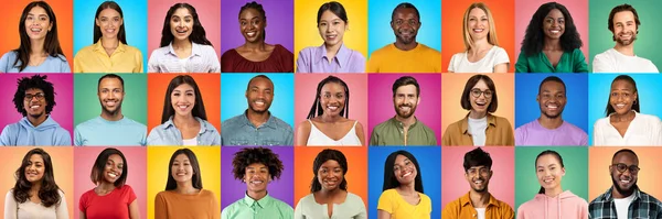 Collage Diverse Happy Multiethnic People Faces Bright Studio Backgrounds Group — Fotografia de Stock