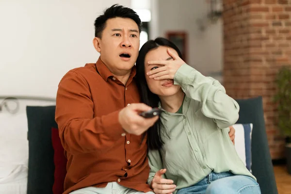 Scared Asian Woman Man Remote Control Switching Channel Watching Horror — Photo