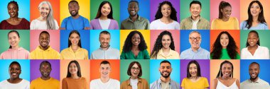 Happy People Of Different Age And Ethnicity Posing Over Bright Backgrounds, Diverse Multiethnic Men And Women Looking And Smiling At Camera While Standing On Bright Backdrops, Collage, Panorama
