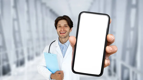 Medical Insurance Handsome Male Doctor Holding Smartphone Blank Screen Hand — Stockfoto