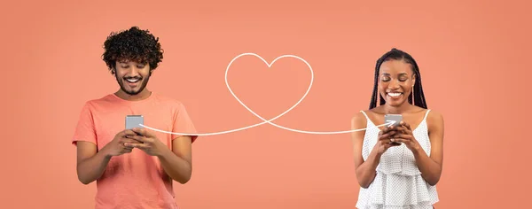 Find A Match. Arab Man And Black Woman Communicating Online Via Smartphones, Happy Interracial Couple Using Dating App, Texting On Mobile Phones Connected With Drawn Heart Shape String, Collage