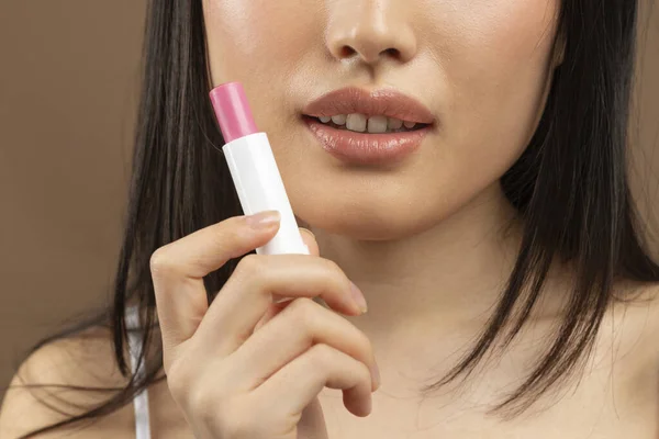 Cropped Image Young Asian Lady Holding Pink Lipstick Hand Face — Stock Photo, Image