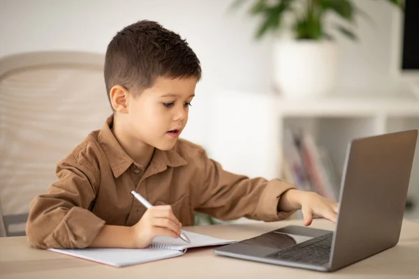 Serious Busy Little Boy Sits Table Studies Has Video Call — Stock Photo, Image