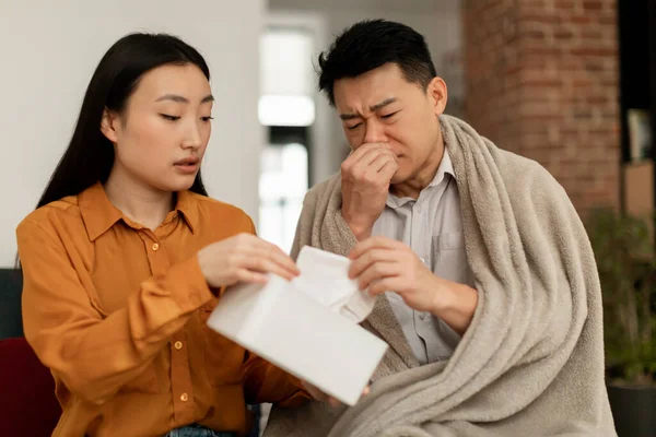 Loving Asian Woman Taking Care Sick Husband Wife Giving Nupkins — Photo