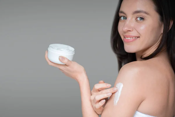 Smiling Young European Woman Makeup Natural Beauty Applies Cream Shoulder — Stok fotoğraf