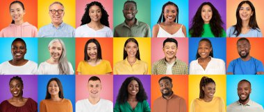 Different happy multiethnic people standing isolated over bright multicolored backgrounds, creative collage with joyful faces of diverse men and women posing on colorful backdrops, panorama