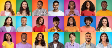Creative Collage Of Multiethnic People Portraits With Happy Faces Over Colorful Backgrounds, Diverse Young Multicultural Men And Women Smiling At Camera While Posing Over Colorful Backdrops, Panorama