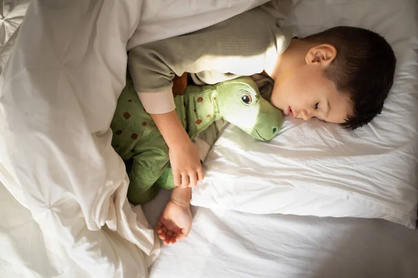 Happy Cute Tired Little Boy Lies White Comfort Bed Closed — Stock Photo, Image