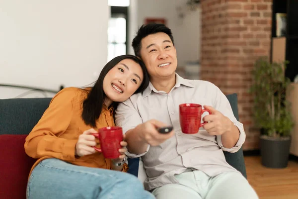 Happy Married Asian Couple Spending Time Home Together Drinking Coffee — Photo
