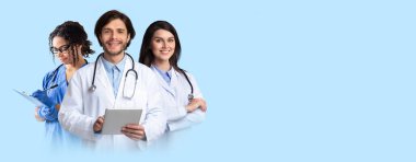 Telemedicine, e-healthcare concept, multiethnic doctors man and women in workwear posing on blue studio background, have briefing, hold digital tablet, take notes at medical chart, copy space, collage