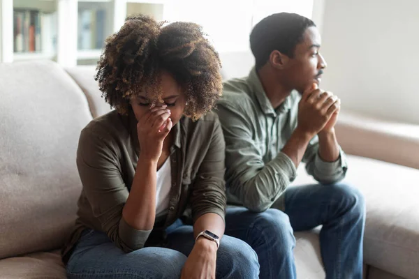 Upset Unhappy Young Black Woman Bushy Hair Crying Quarrel Husband — Stockfoto