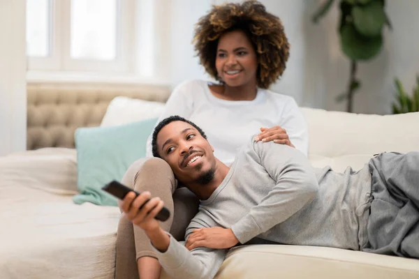 Relaxed Loving Young Black Couple Watching Together Home Happy African — Stockfoto