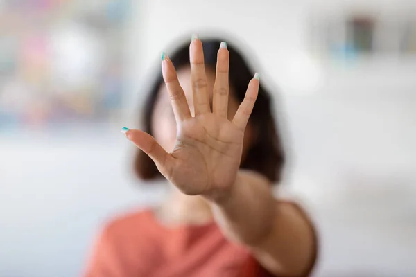 Unrecognizable Young Woman Covering Her Face Open Palm Female Showing — ストック写真