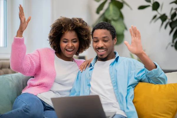 Lottery Giveaway Betting Emotional Young Black Couple Gambling Internet Home — Stockfoto