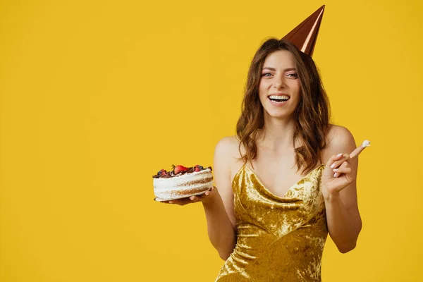 Charming Caucasian Woman Dress Birthday Hat Tasting Delicious Birthday Cake — Stockfoto