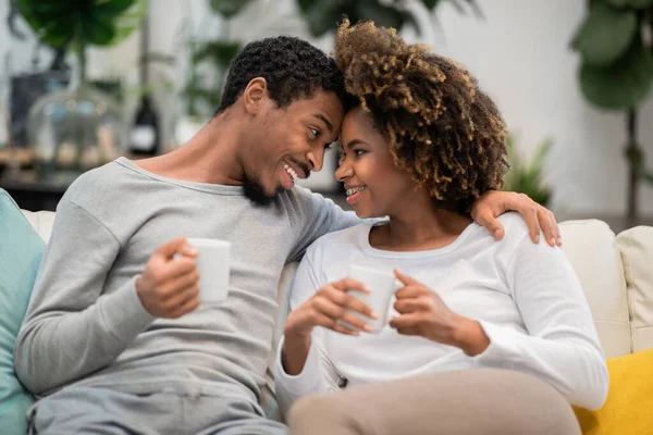 Portrait Loving Happily Married Young Black Couple Sitting Sofa Living — Stockfoto