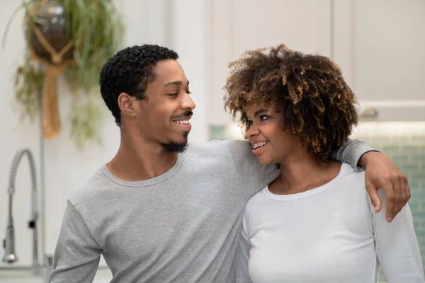 Happy Marriage Relationships Handsome African American Husband Hugging Pretty Curly — Stockfoto