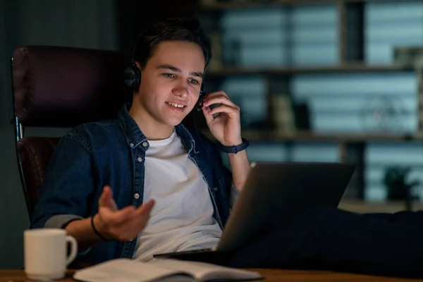Cheerful Handsome Young Guy Project Manager Have Online Meeting Late — Stockfoto