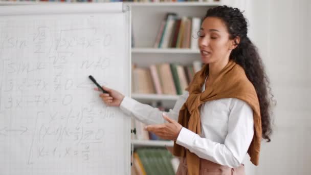 Math Lecture Close Portrait Young Educated Woman Teacher Explaining New — Stok video