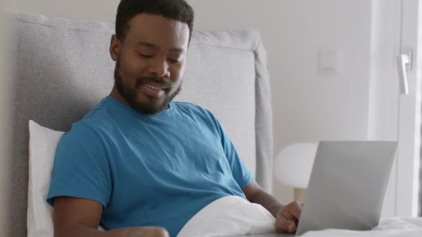 Comfortable Work Home Young Carefree African American Guy Working Laptop — Stockvideo