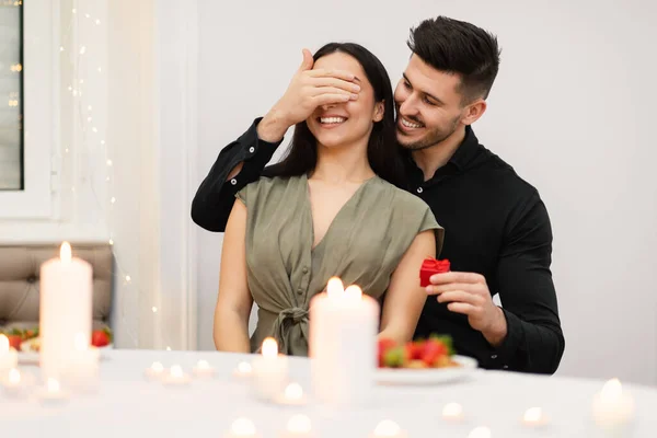 Handsome Young Man Making Anniversary Surprise His Girlfriend Covering His — Stockfoto