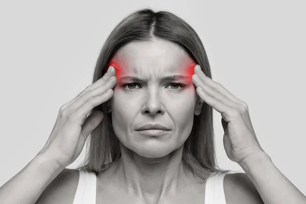 Unhappy Stressed Middle Aged Woman Headache Touching Inflamed Zones Her — Zdjęcie stockowe