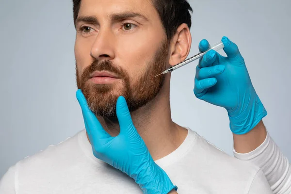 Male Cosmetology Concept Bearded Man Getting Beauty Injection Cosmetologist Hands — Stock Photo, Image