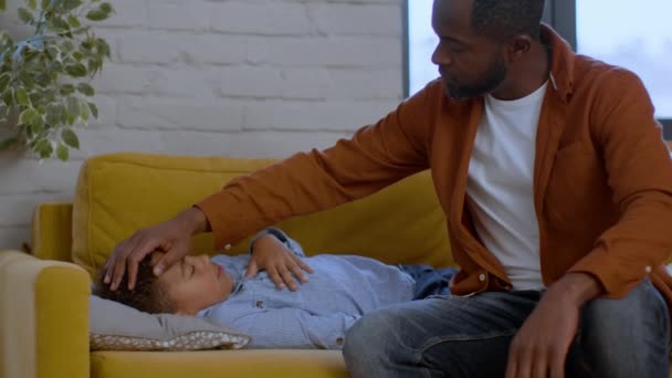 Seasonal Virus Cute Little Sick African American Boy Napping Sofa — Wideo stockowe