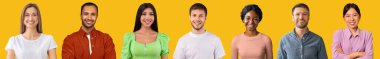 Mosaic of cheerful beautiful multiethnic millennial and middle aged men and women various styles, occupations posing on yellow studio background, collage, panorama, collection of portraits