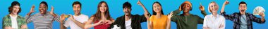 Happy attractive multicultural men and women various ages and occupations posing on blue background, sharing good vibes, set of studio photos, collage, web-banner. Happiness, joy concept
