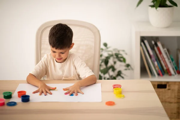 Busy Smiling Small European Boy Colorful Hands Palms Enjoys Drawing — Stock fotografie