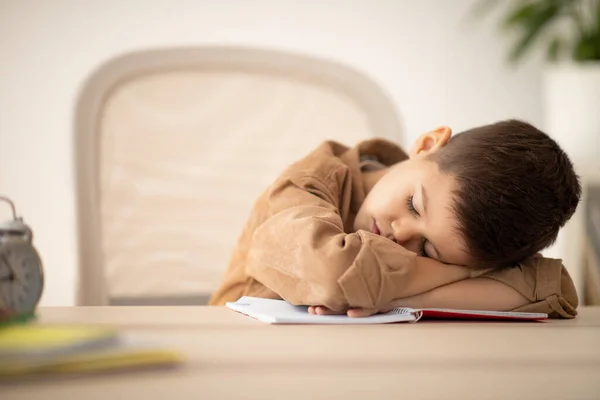 Tired Small European Boy Lies Table Sleeping Resting Lesson School — стоковое фото