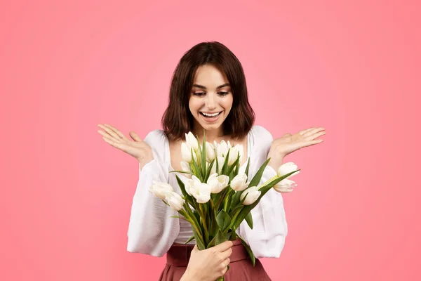 Glad Surprised Young Caucasian Female Casual Rejoices Gift Bouquet Flowers — Foto de Stock