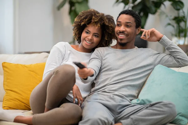 Happy Affectionate Young Black Couple Watching Together Home Loving African — Stockfoto