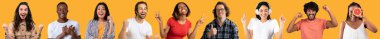 Mosaic of multiracial beautiful young men and women in casual outfits grimacing and gesturing over orange studio background, millennials expressing diverse emotions, collage, banner