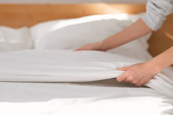 Hands Young European Woman Makes White Bed Blanket Bedroom Interior — Stock Photo, Image