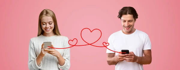 Romantic Man And Woman With Smartphones Sending Love Messages To Each Other, Happy Young Couple Communicating Online Via Mobile Phones Connected With Drawn Red Heart Shape String, Collage, Panorama