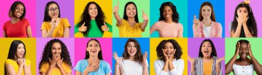 Çeşitli renklerde stüdyo geçmişlerinde poz veren çok kültürlü genç bayanların parlak fotoğraflarının toplanması, somurtma ve jestler, olumlu duyguları paylaşma, panorama, kolaj
