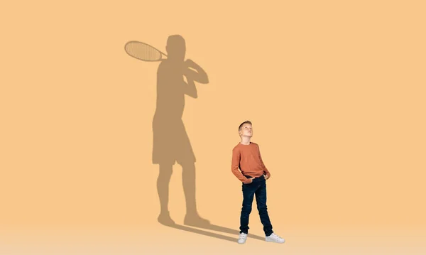 Cute Little Redhead Boy Hands Pockets Shadow Adult Tennis Player — Photo
