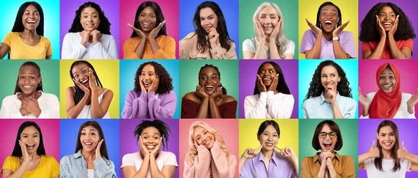 Farklı Duygular Ifade Eden Farklı Kadınlarla Yaratıcı Kolaj Renkli Arka — Stok fotoğraf
