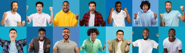 Mavi Stüdyonun Arka Planında Başarıyı Kutlayan Çok Irklı Adamlar Mutlu — Stok fotoğraf