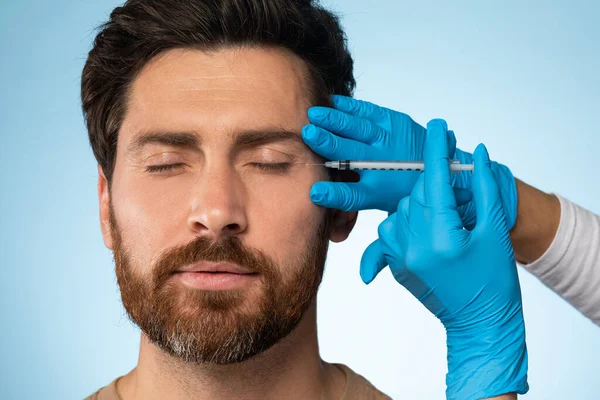 Handsome Middle Aged Bearded Man Getting Eye Injections Beauty Clinic — Stock Photo, Image
